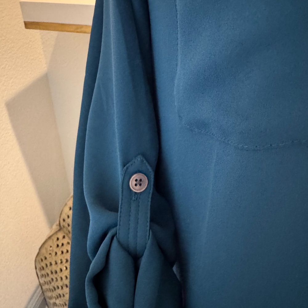 Loft Women's Teal Button-Front Blouse with Chest Pockets - Picture 3 of 5